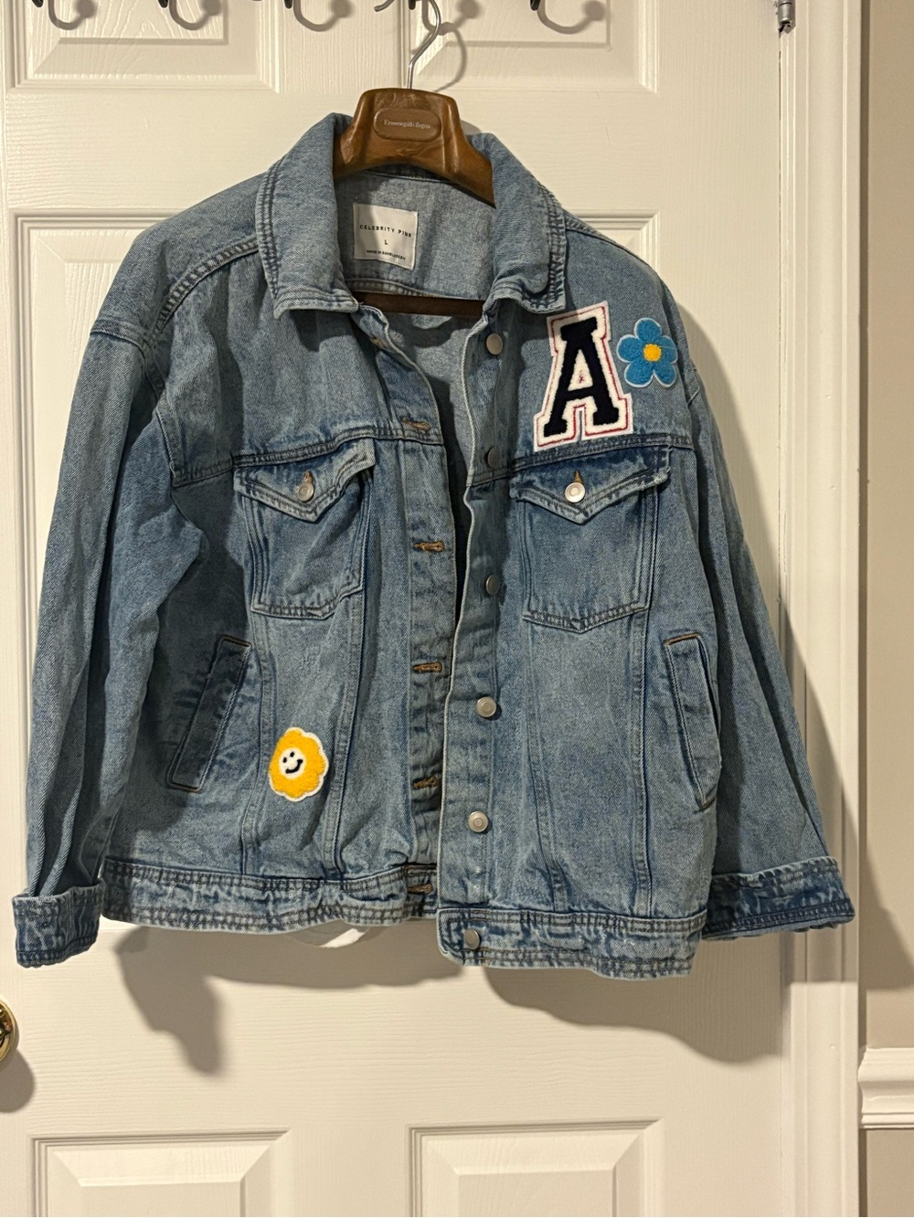 Celebrity Pink Light Blue Denim Jacket with Fun Patches